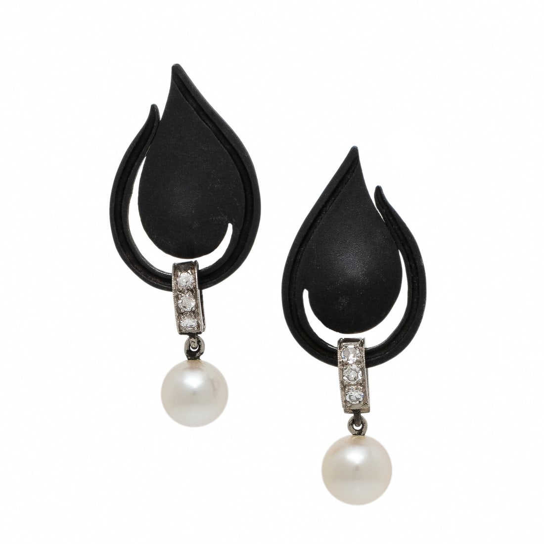 Marsh & Co., Blackened Steel, Cultured Pearl, and Diamond Earrings: Marsh & Co., Blackened Steel, Cultured Pearl, and Diamond Earrings Foliate design, the drops set with cultured pearls measuring approximately 6.30 - 6.50 mm and single cut diamonds. Mounted in blacken