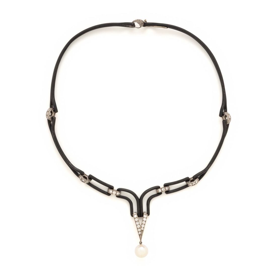 Marsh & Co, Blackened Steel, Cultured Pearl, and Diamond Necklace: Marsh & Co, Blackened Steel, Cultured Pearl, and Diamond Necklace Featuring a cultured pearl drop measuring approximately 9.20 mm, and single and round brilliant cut diamonds weighing approximately 0.