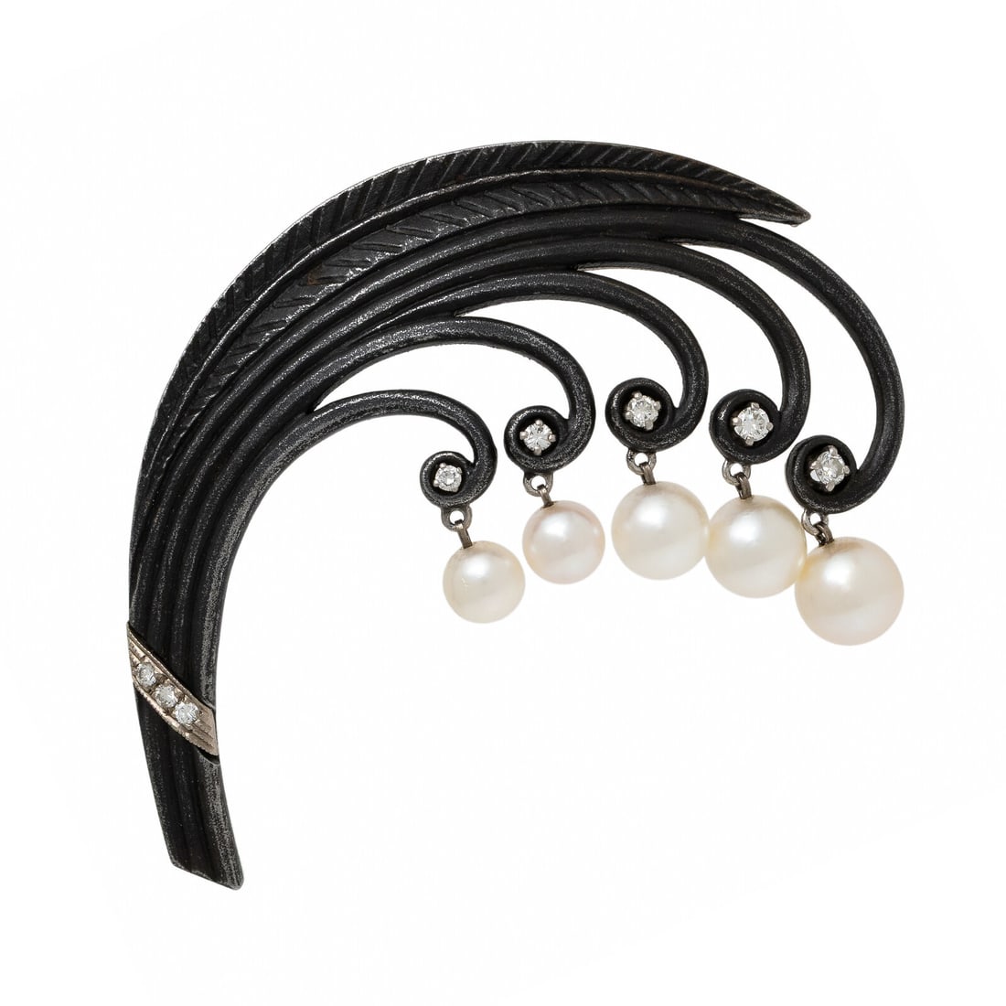 Marsh & Co., Blackened Steel, Diamond, and Cultured Pearl Lily-of-the-Valley Brooch: Marsh & Co., Blackened Steel, Diamond, and Cultured Pearl Lily-of-the-Valley Brooch In an abstracted lily-of-the-valley design, set with round brilliant cut diamonds and cultured pearls measuring appr