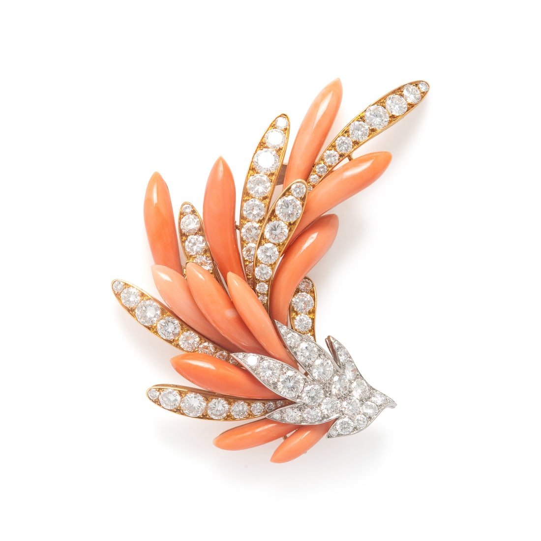 M. Gérard, Coral, Diamond, and Yellow Gold Brooch: M. Gérard, Coral, Diamond, and Yellow Gold Brooch In a spray design, set with round brilliant cut diamonds weighing approximately 10.50 carats total, and carved coral. Mounted in 18 karat yellow and 