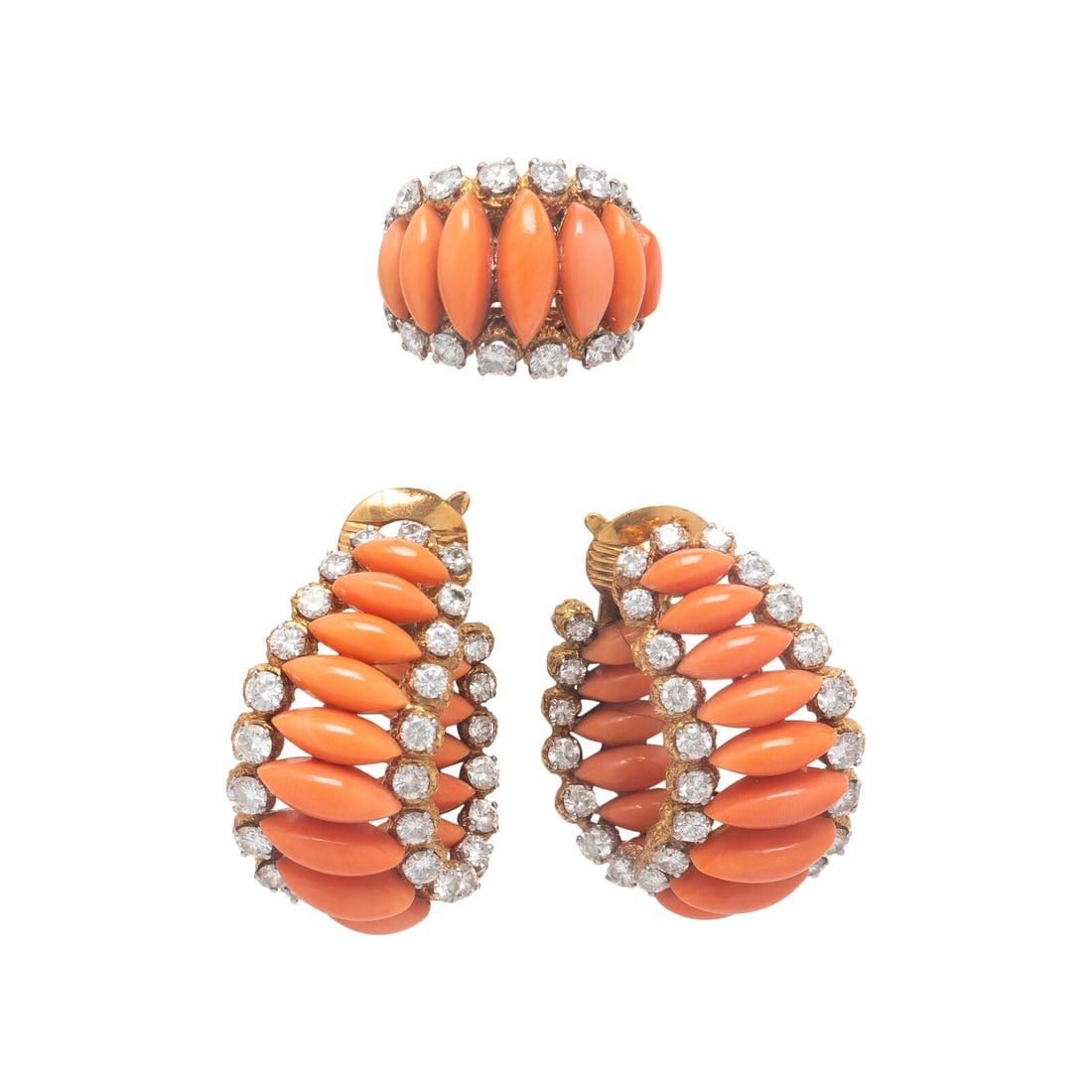 M. Gérard, Coral, Diamond, and Yellow Gold Demi Parure: M. Gérard, Coral, Diamond, and Yellow Gold Demi Parure Including a pair of earrings and a ring set with carved coral and round brilliant cut diamonds weighing approximately 5.70 carats total. Mounted