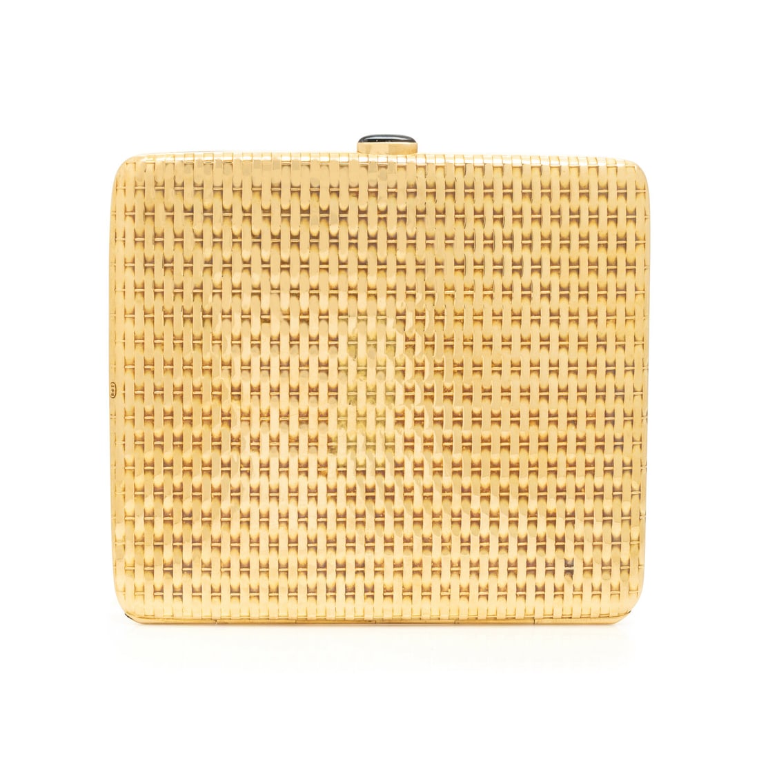 Tiffany & Co., Retro, Yellow Gold Card Case: Tiffany & Co., Retro, Yellow Gold Card Case Oval cabochon synthetic sapphire push lock closure. 18 karat gold woven design. 3 1/16 x 3 1/8 x 1/8 inches. Stamp: TIFFANY & CO. 750 (maker's mark). Gross 