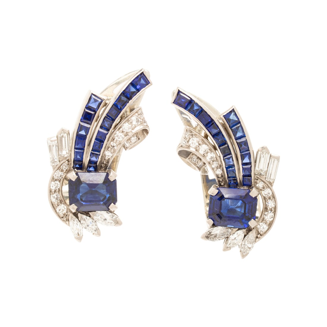 Raymond Yard, Sapphire and Diamond Earrings: Raymond Yard, Sapphire and Diamond Earrings Two emerald cut sapphires weighing approximately 1.20 carats each by formula, square step-cut sapphires, and round brilliant, marquise, bullet, and baguette