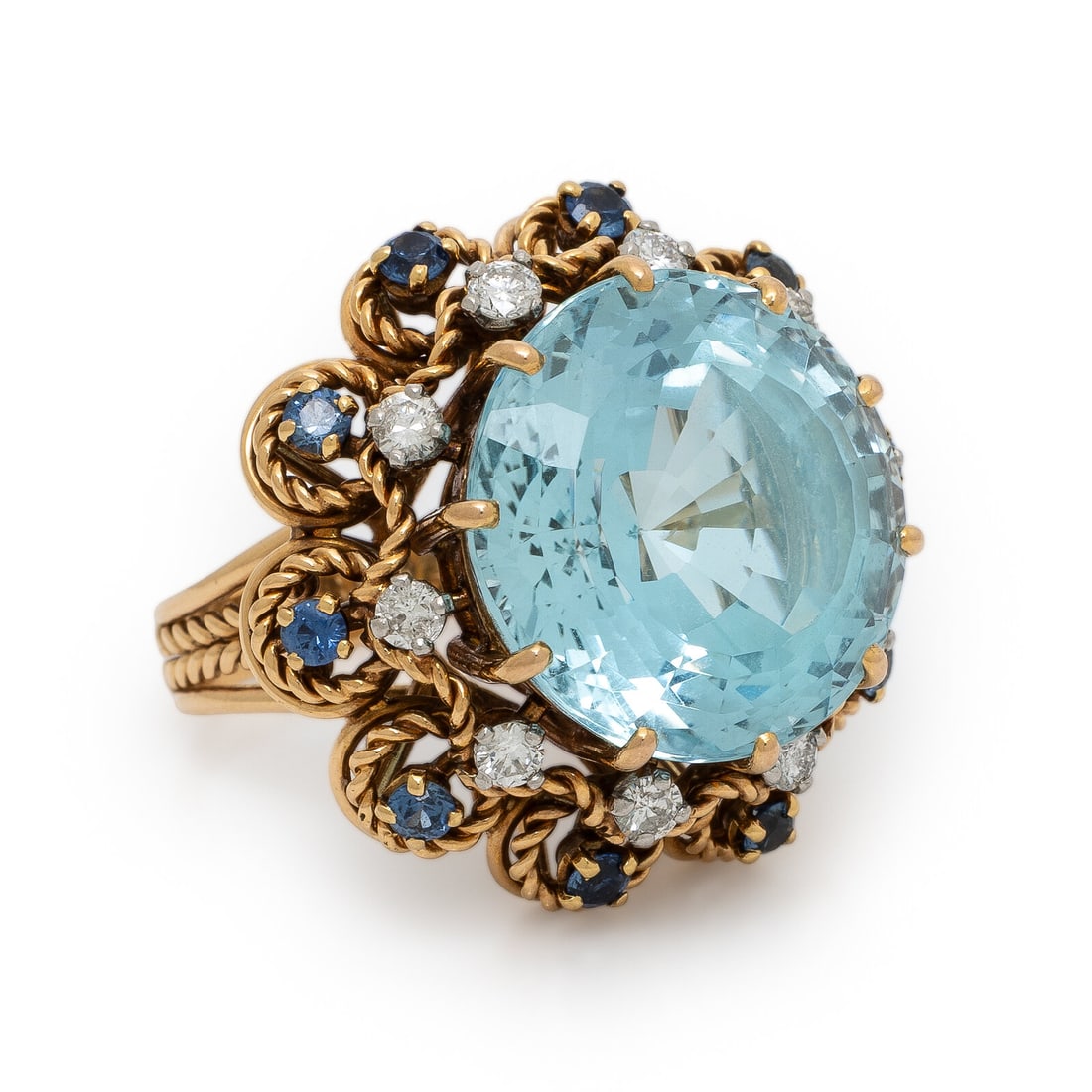 Retro, Aquamarine, Diamond, Sapphire, and Rose Gold Ring (1 of 3)