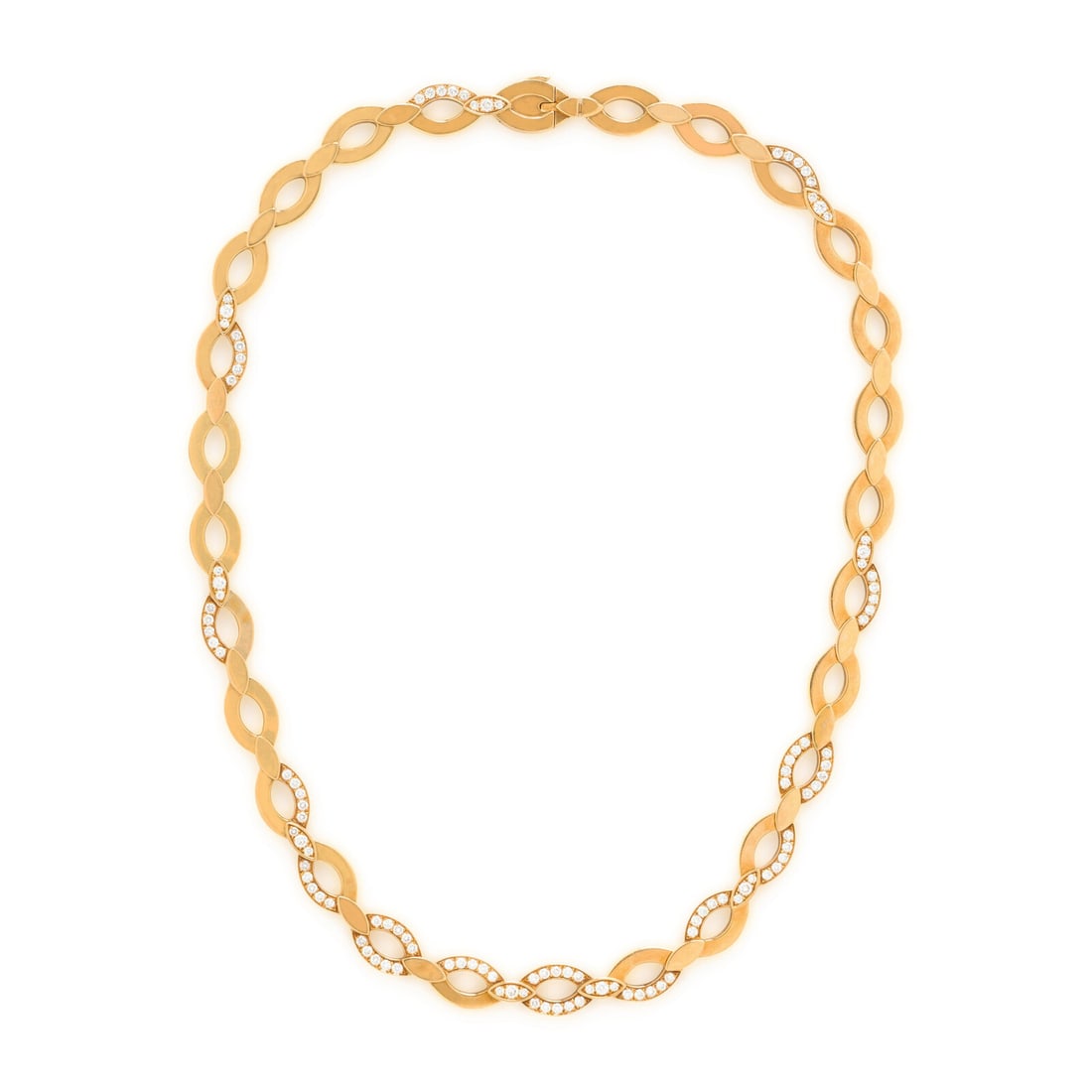 Cartier, Yellow Gold and Diamond Necklace: Cartier, Yellow Gold and Diamond Necklace Oval links, set with round brilliant cut diamonds weighing approximately 1.75 carats total. Mounted in 18 karat yellow gold. 16 1/4 inches long. Stamp: (Frenc