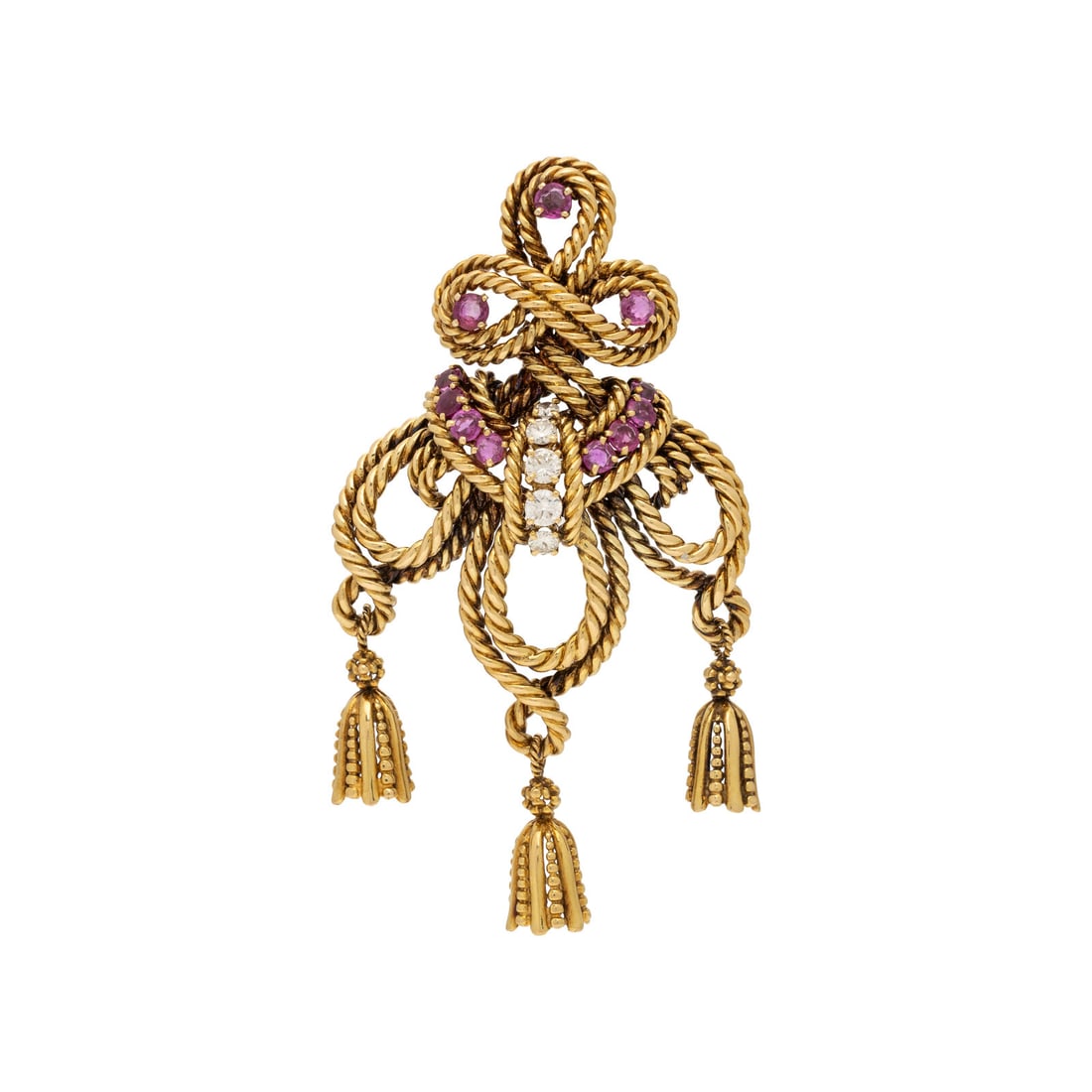 Tiffany & Co., Ruby, Diamond, and Yellow Gold Brooch: Tiffany & Co., Ruby, Diamond, and Yellow Gold Brooch In a twisted rope design with tassel motifs, set with round brilliant cut diamonds weighing approximately 0.40 carat total and round rubies. Mounte