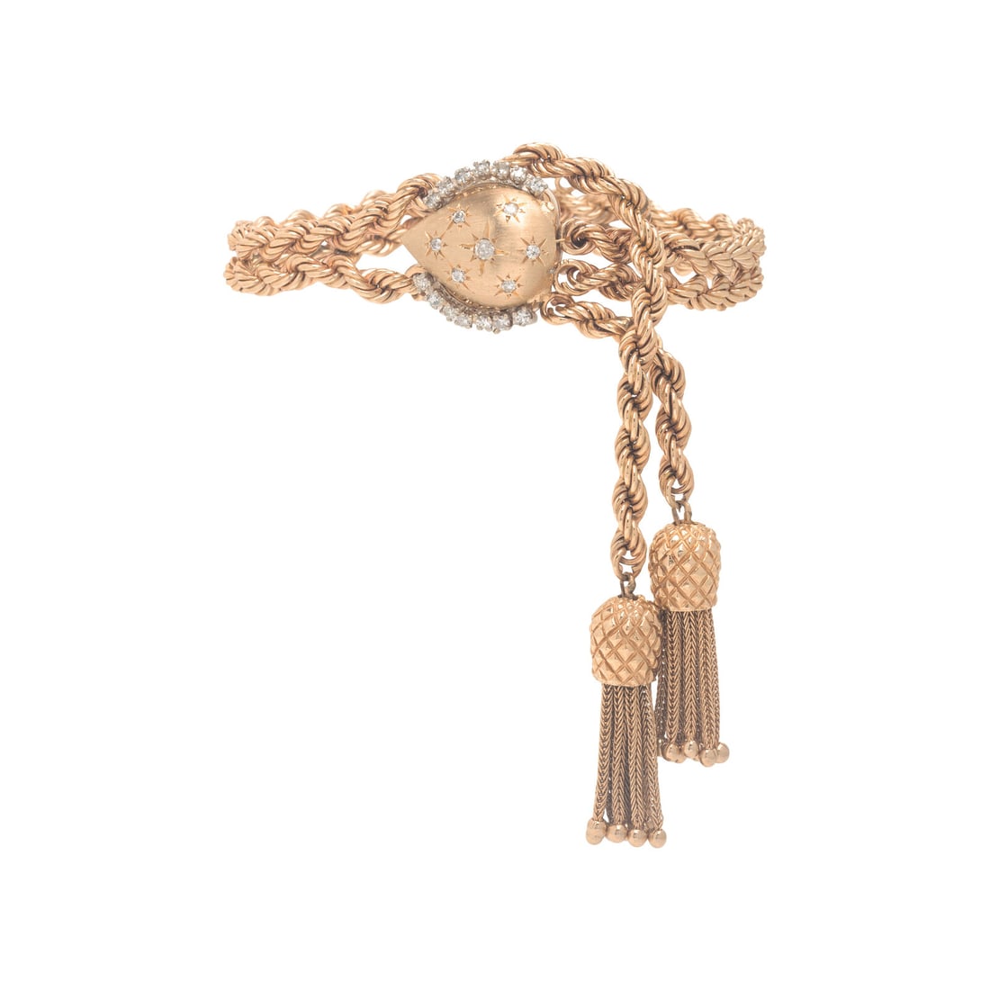 LaFemme, 14K Yellow Gold and Diamond Surprise Watch: LaFemme, 14K Yellow Gold and Diamond Surprise Watch Maker: LaFemme Case size: Approx. 15 mm Case material: 14K yellow gold Bezel: Dial cover set with single cut diamonds weighing approximately 0.40 ca