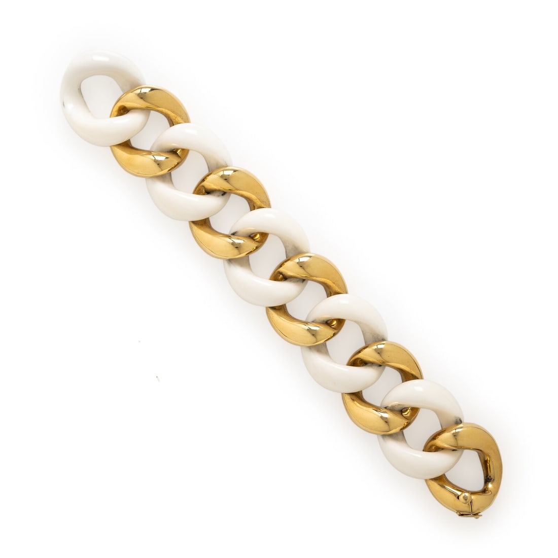 Seaman Schepps, 'Classic Link', Yellow Gold and Cacholong Bracelet: Seaman Schepps, 'Classic Link', Yellow Gold and Cacholong Bracelet Alternating white cacholong and 18 karat yellow gold curb links. 7 3/4 inches long, 1 1/4 inches wide. Engraved: 240573. Stamp: seama