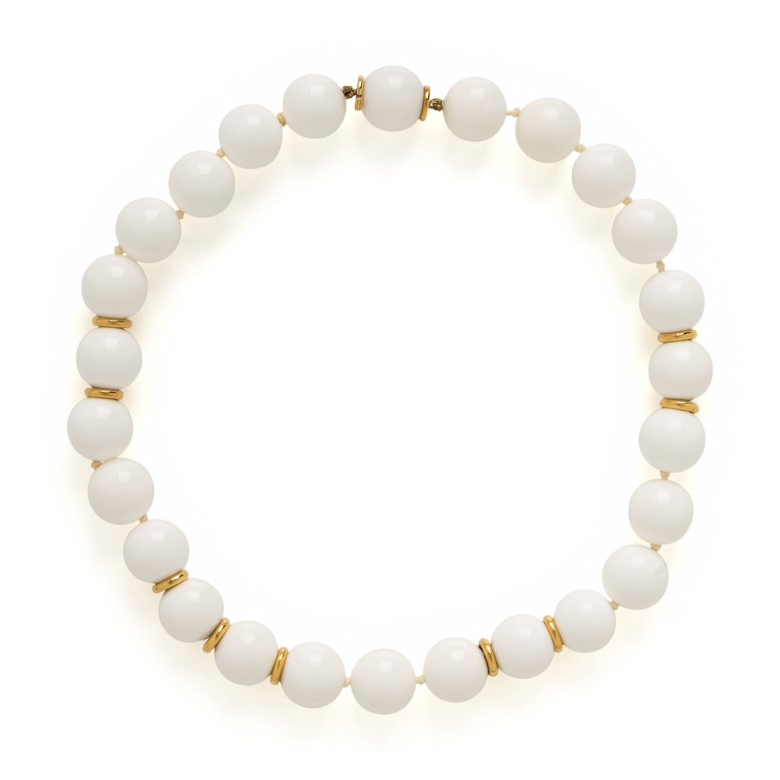 Seaman Schepps, Cacholong and Yellow Gold Bead Necklace: Seaman Schepps, Cacholong and Yellow Gold Bead Necklace Featuring cacholong beads measuring approximately 16.00 mm and gold rondelles. 18 karat yellow gold. 17 3/4 inches long. Stamp: (Seaman Schepps 