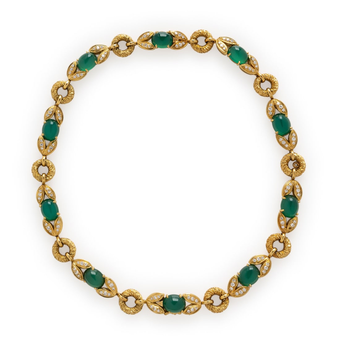 Van Cleef & Arpels, Yellow Gold, Chalcedony, and Diamond Convertible Necklace: Van Cleef & Arpels, Yellow Gold, Chalcedony, and Diamond Convertible Necklace Composed of textured round links and oval cabochon chalcedony within foliate motifs set with round brilliant cut diamonds 