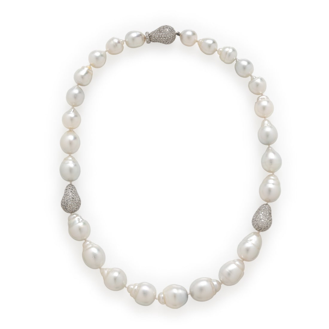 Baroque Cultured Pearl and Diamond Necklace: Baroque Cultured Pearl and Diamond Necklace A single strand of baroque cultured pearls, graduating from approximately 12.60 - 22.00 mm, and three beads, one with a concealed screw clasp, each pavé-se