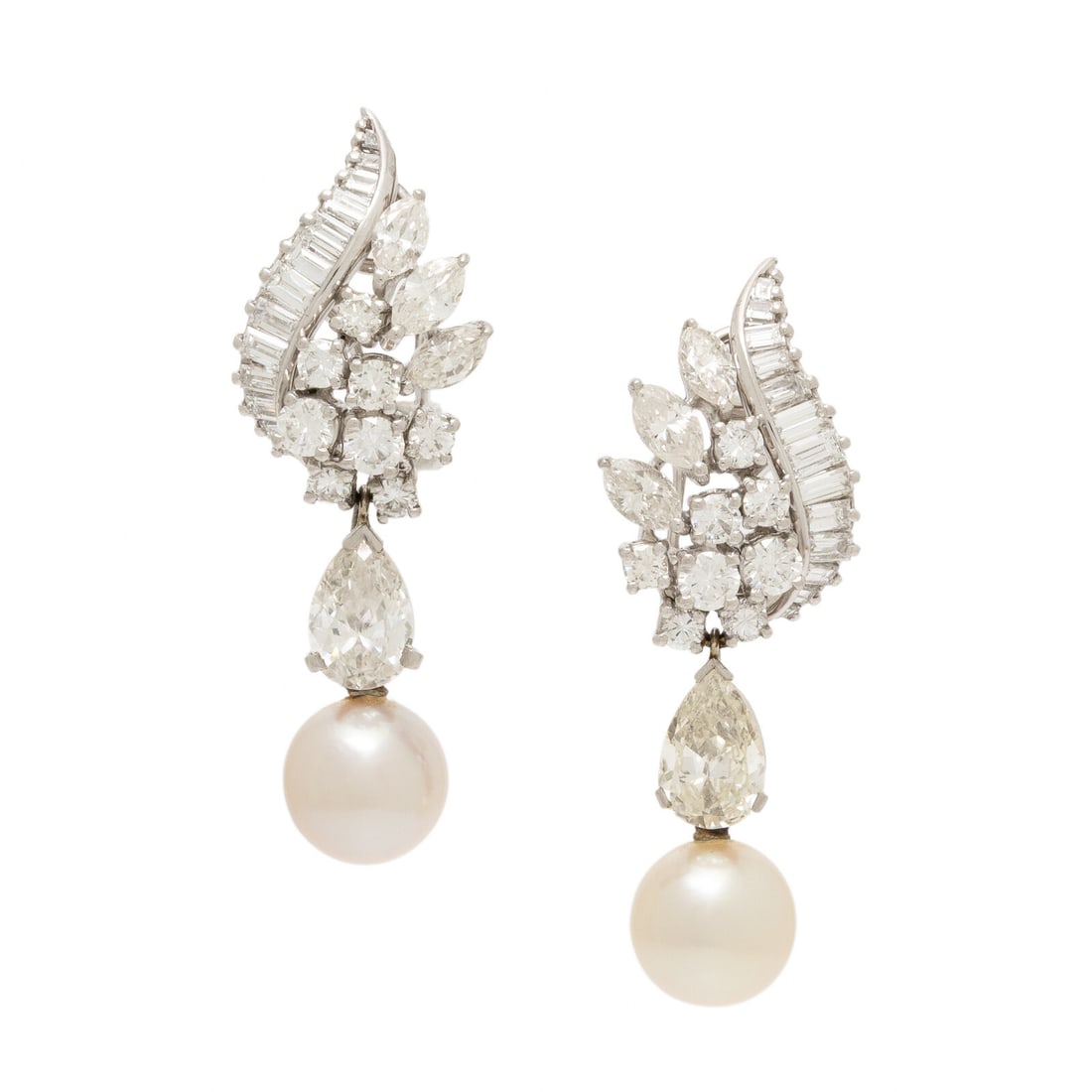 Diamond and Cultured Pearl Convertible Earrings: Diamond and Cultured Pearl Convertible Earrings Set with cultured pearls measuring approximately 9.35 - 9.45 mm, and pear shape, round brilliant, marquise, and baguette cut diamonds weighing approxima
