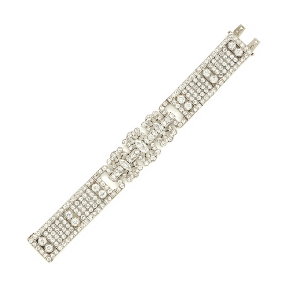 Diamond and Platinum Bracelet: Diamond and Platinum Bracelet Composed of openwork links with three central plaques, set throughout with round brilliant, old European, single, and marquise cut diamonds weighing approximately 16.00 -