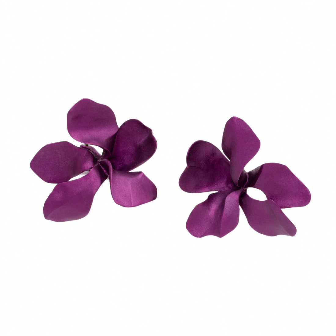 JAR, Aluminum 'Violet' Earrings: JAR, Aluminum 'Violet' Earrings Designed as violet flowers with a purple finish. Sculpted aluminum with 18 karat yellow gold clip backs. 1 1/4 inches long. Stamp: JAR. Clips stamp: 750 (French maker's