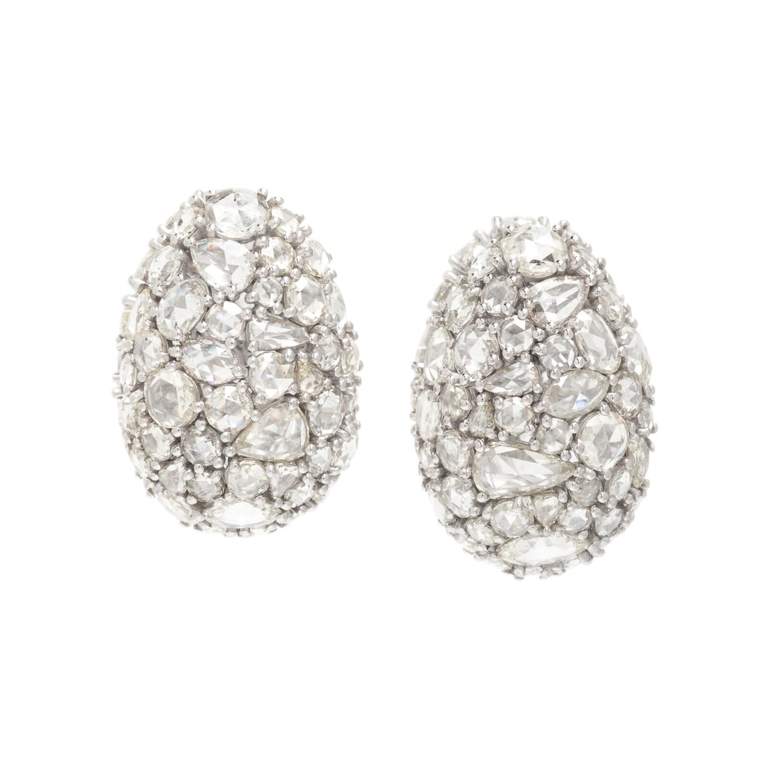 Rose Cut Diamond and White Gold Earrings: Rose Cut Diamond and White Gold Earrings In a pavé design, the front and back set with round, oval, and pear shape rose cut diamonds weighing approximately 15.15 carats total. Mounted in 18 karat whi