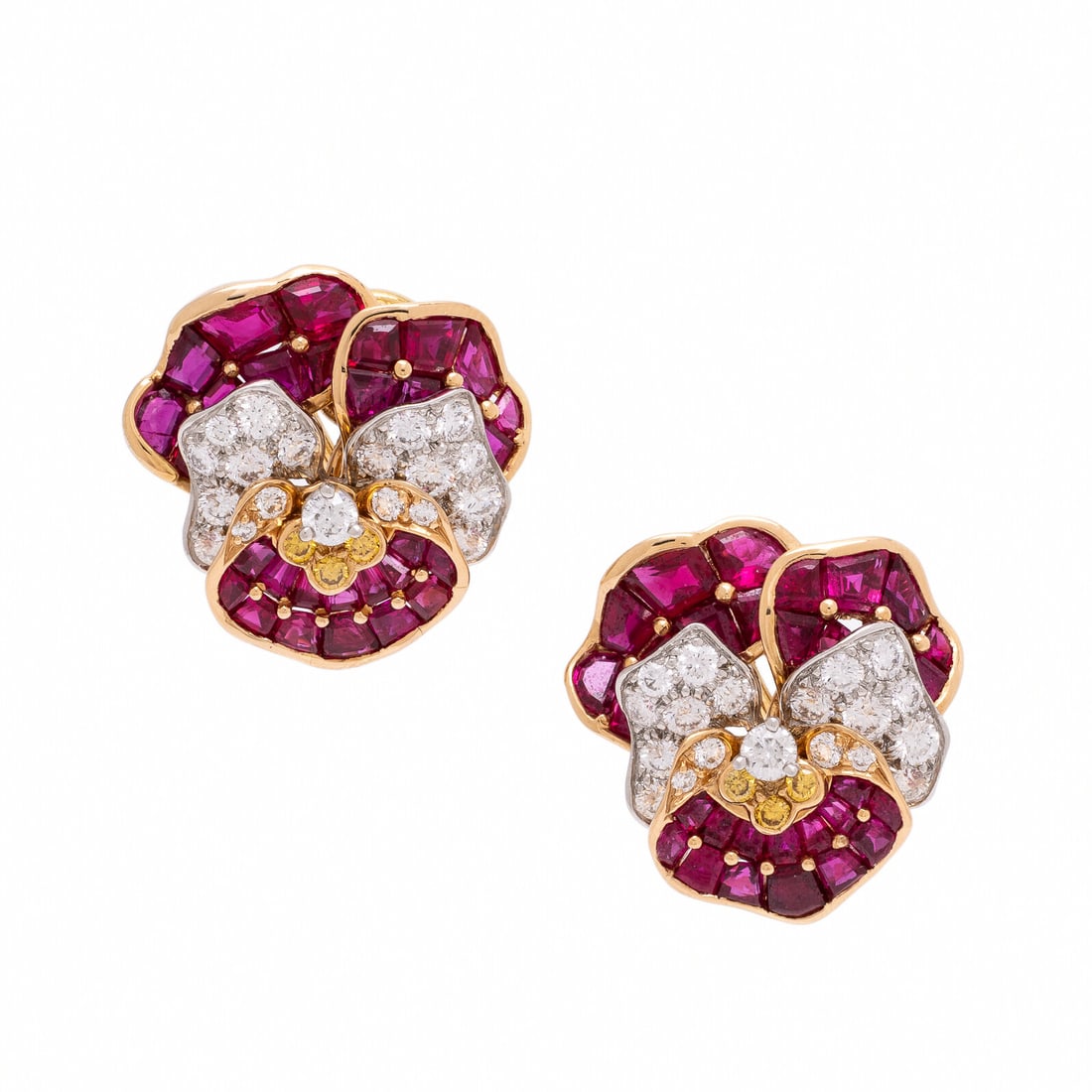 Oscar Heyman, Ruby, Diamond, and Colored Diamond Pansy Earrings (1 of 2)