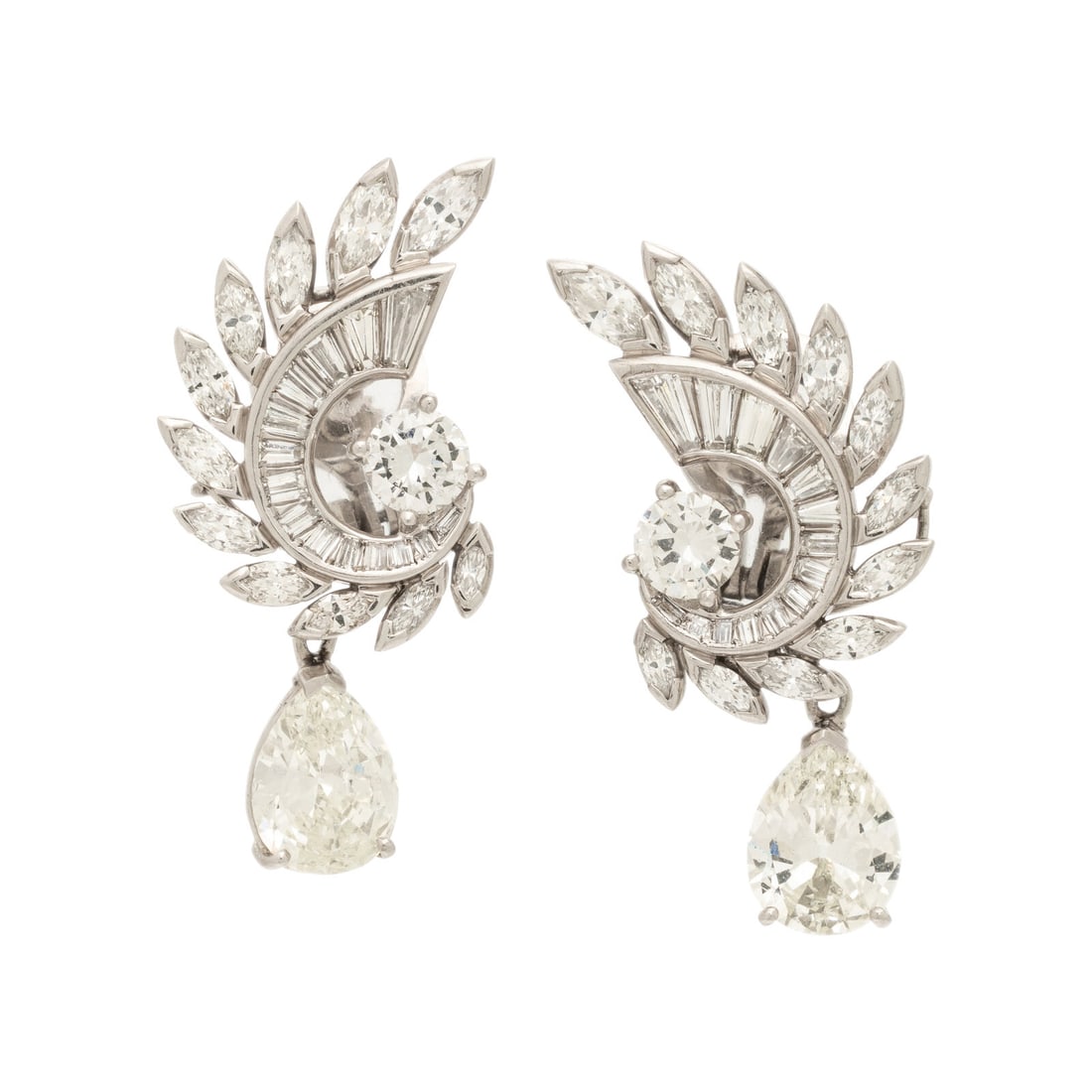 Diamond and Platinum Drop Earrings: Diamond and Platinum Drop Earrings Mounted as detachable drops, with two pear shape diamonds weighing 2.19 and 2.03 carats respectively, with additional round brilliant, marquise, baguette, and tapere