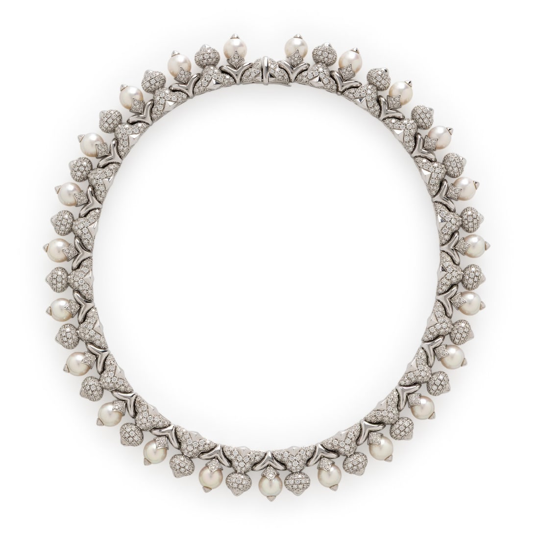 Bulgari, 'Profumo', Cultured Pearl, Diamond, and White Gold Necklace: Bulgari, 'Profumo', Cultured Pearl, Diamond, and White Gold Necklace Composed as a series of articulated drops with pyramid motifs, set with cultured pearls measuring approximately 7.50 - 7.60 mm and 