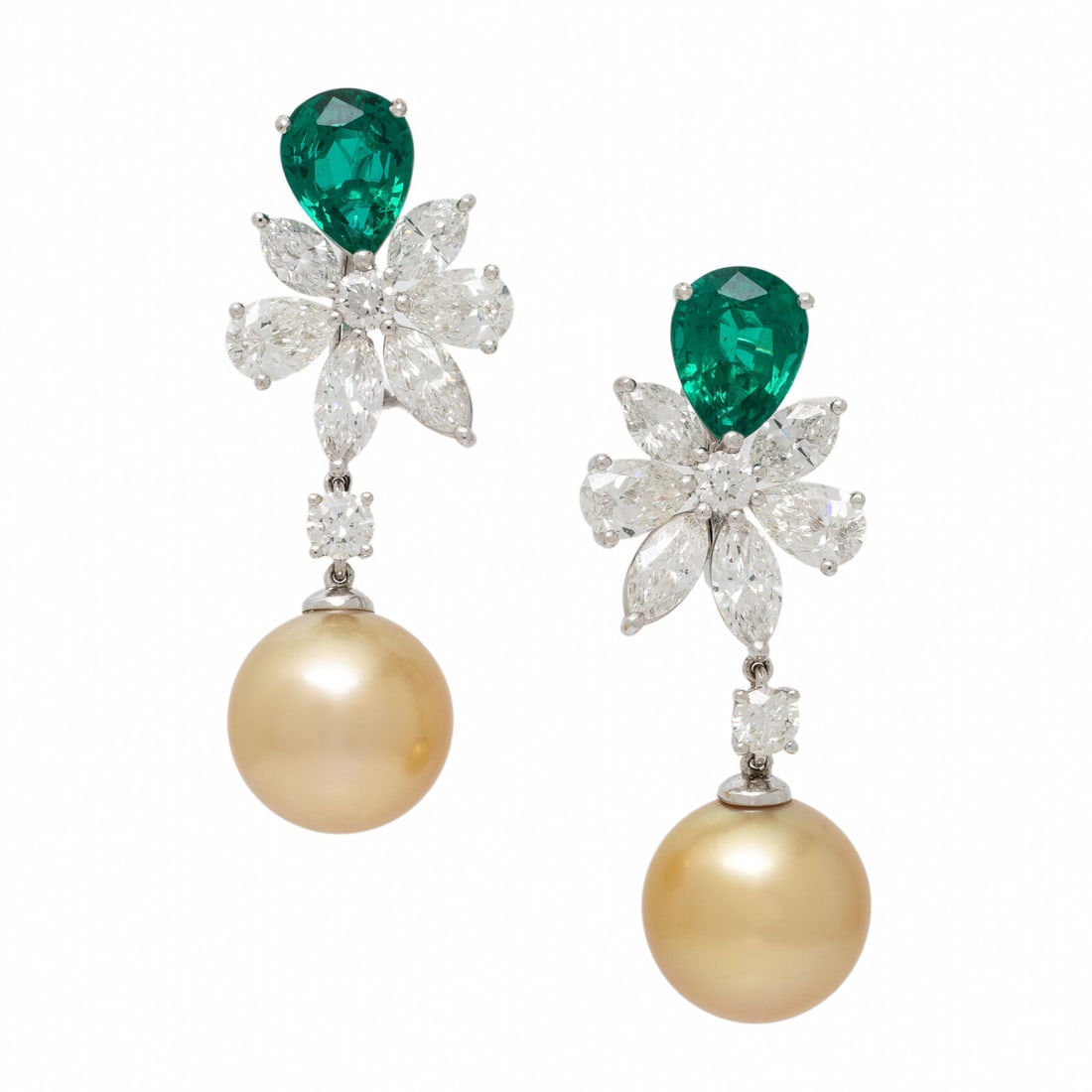 Emerald, Diamond, and Golden Cultured Pearl Earrings (1 of 10)