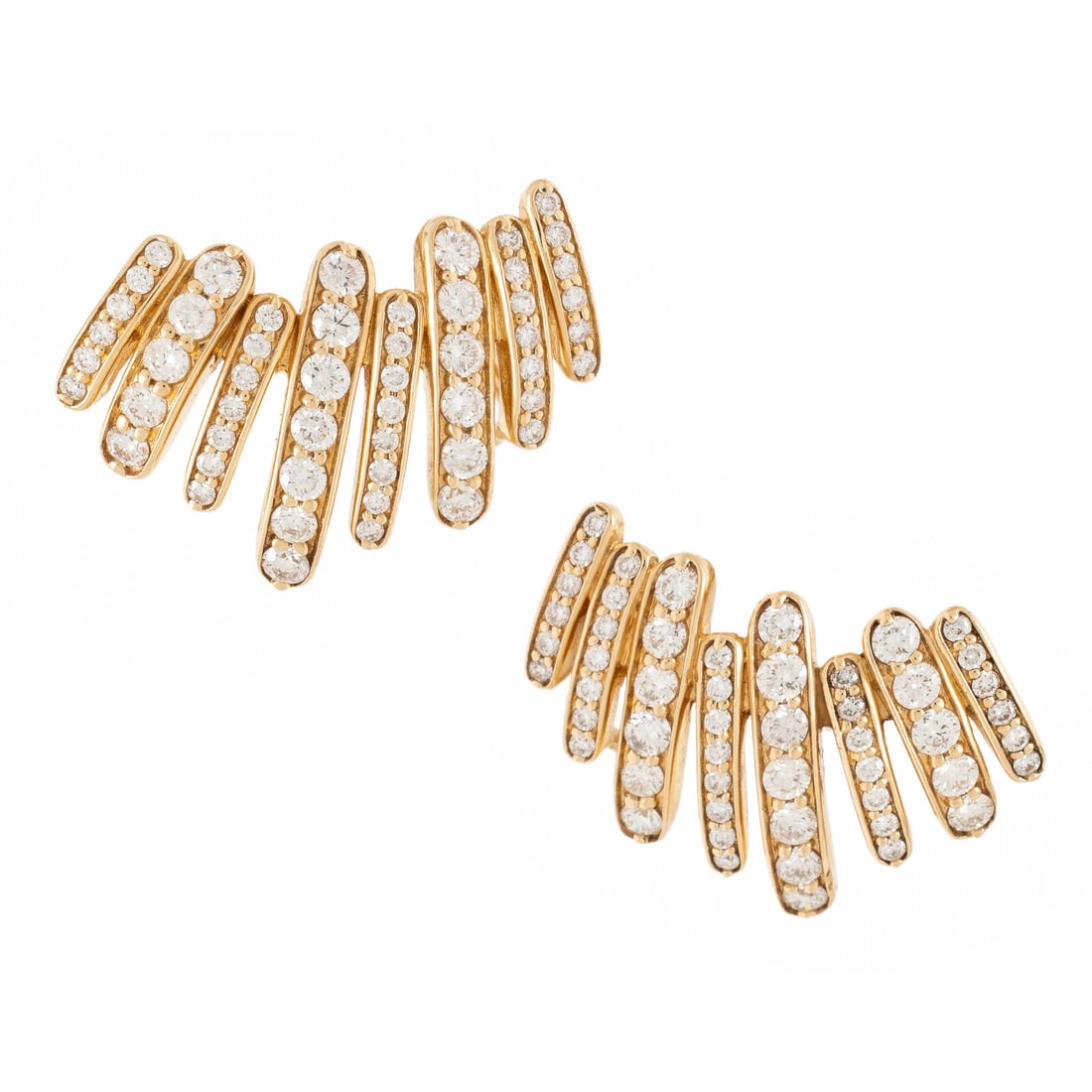 Yellow Gold and Diamond Earrings: Yellow Gold and Diamond Earrings Set with round brilliant cut diamonds weighing approximately 1.70 carats total. Mounted in yellow gold. 7/8 inch long. Posts stamp: 14K 585. Gross weight: 4.50 dwt.