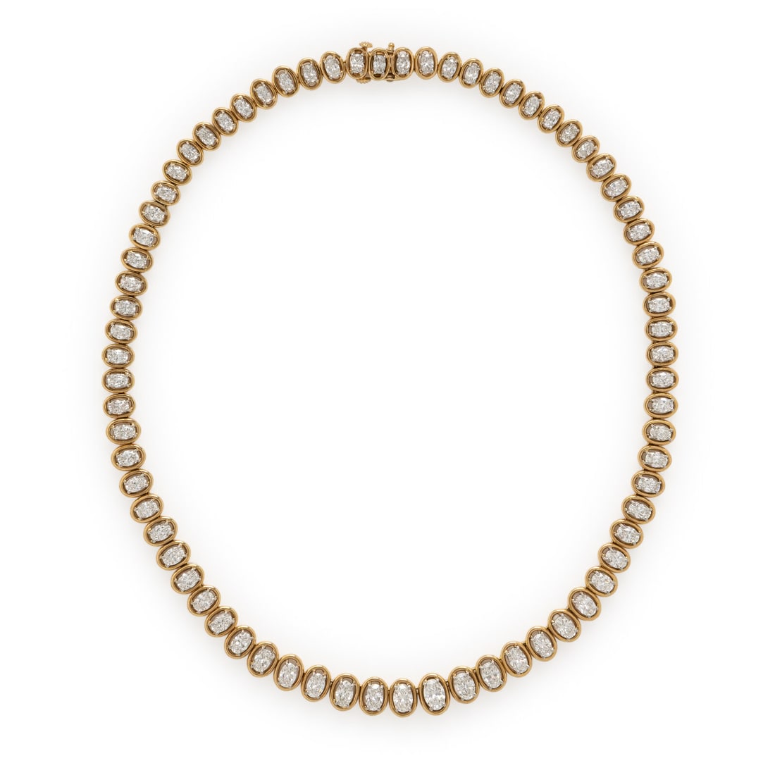 Oscar Heyman, Diamond and Yellow Gold Necklace: Oscar Heyman, Diamond and Yellow Gold Necklace Featuring graduating oval diamonds weighing approximately 26.00 carats total. Mounted in 18 karat yellow gold and platinum. 17 1/8 inches long. Engraved: