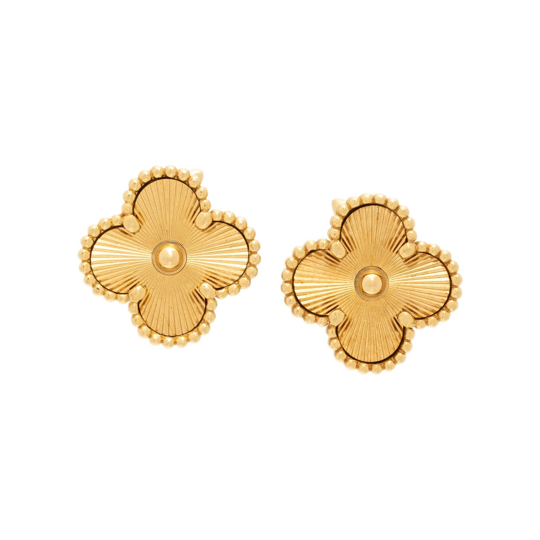 Van Cleef & Arpels, 'Alhambra', Yellow Gold Guilloché Earrings: Van Cleef & Arpels, 'Alhambra', Yellow Gold Guilloché Earrings In a guilloché textured quatrefoil design measuring approximately 15.00 x 15.00 mm. 18 karat yellow gold. 9/16 inch long. Stamp: VCA Au