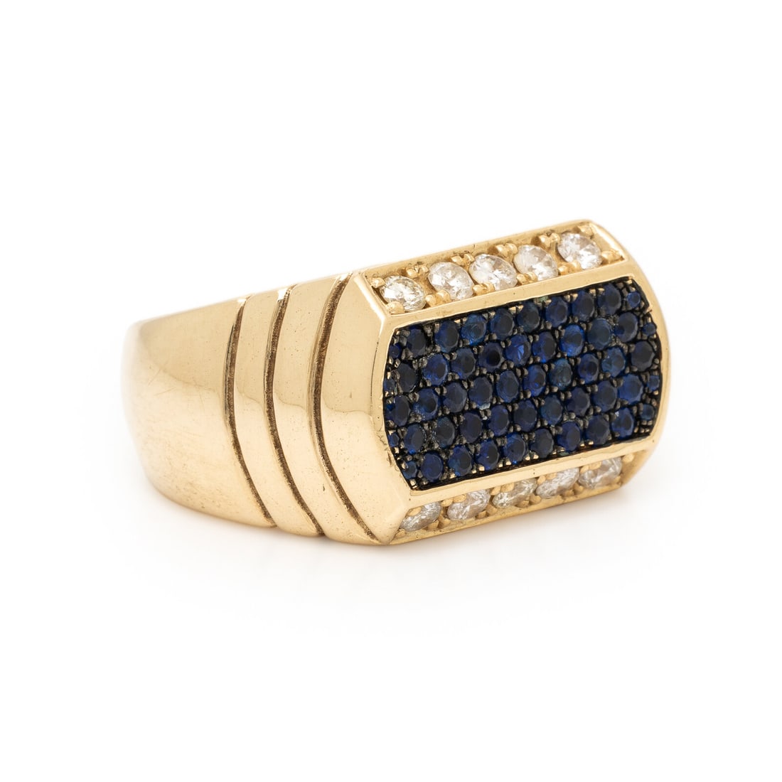 House of Ravn, Sapphire, Diamond, and Yellow Gold 'Deco' Ring: House of Ravn, Sapphire, Diamond, and Yellow Gold 'Deco' Ring Centering pavé-set round sapphires, with round brilliant cut diamonds weighing approximately 0.70 carat total. Mounted in 14 karat yellow