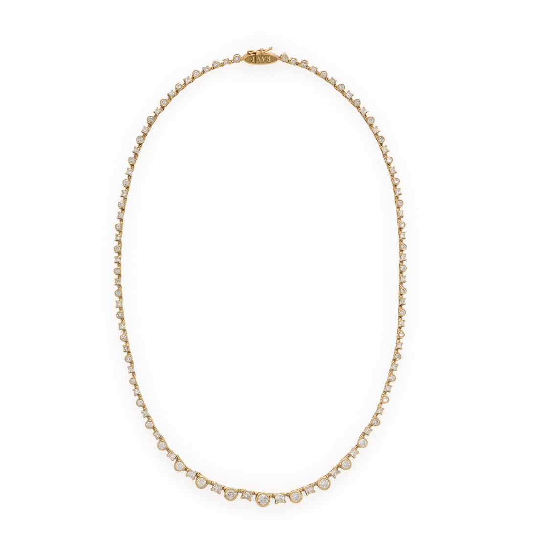 House of Ravn, 'Orion's Tennis', Diamond and Yellow Gold Necklace: House of Ravn, 'Orion's Tennis', Diamond and Yellow Gold Necklace Featuring graduating alternating round brilliant and princess cut diamonds weighing approximately 12.00 - 13.00 carats total. Mounted 