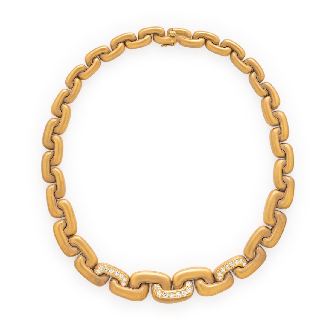 Marlene Stowe, Yellow Gold and Diamond Necklace: Marlene Stowe, Yellow Gold and Diamond Necklace Designed with satin finished geometric links, and set with round brilliant cut diamonds weighing approximately 1.50 carats total. Mounted in 18 karat ye