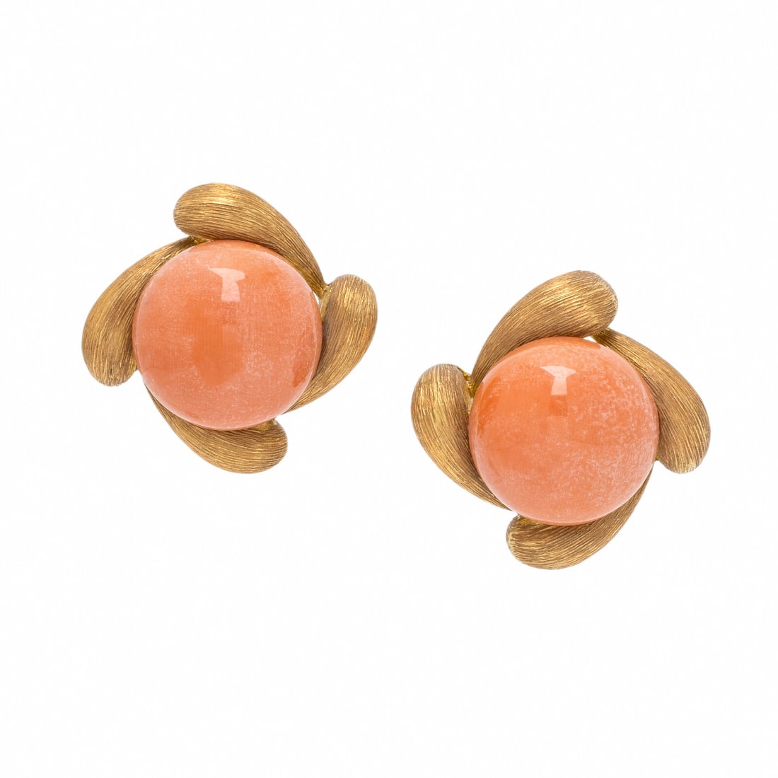Henry Dunay, Coral and Yellow Gold Earrings: Henry Dunay, Coral and Yellow Gold Earrings Featuring round cabochon coral measuring approximately 16.00 x 16.00 x 9.30 mm, with 'Sabi' textured gold. Mounted in 18 karat yellow gold. 1 1/16 inches lo