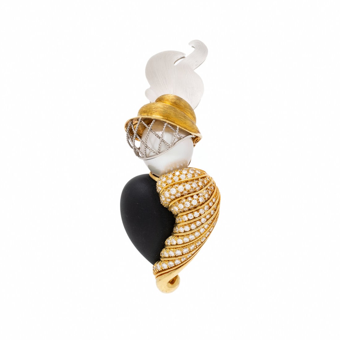 Henry Dunay, 'Women of the World' 'English Lady', Multigem, Yellow Gold, and Platinum Brooch: Henry Dunay, 'Women of the World' 'English Lady', Multigem, Yellow Gold, and Platinum Brooch In an abstract figural design, set with carved rock crystal, pear shape cabochon onyx, a cultured pearl mea