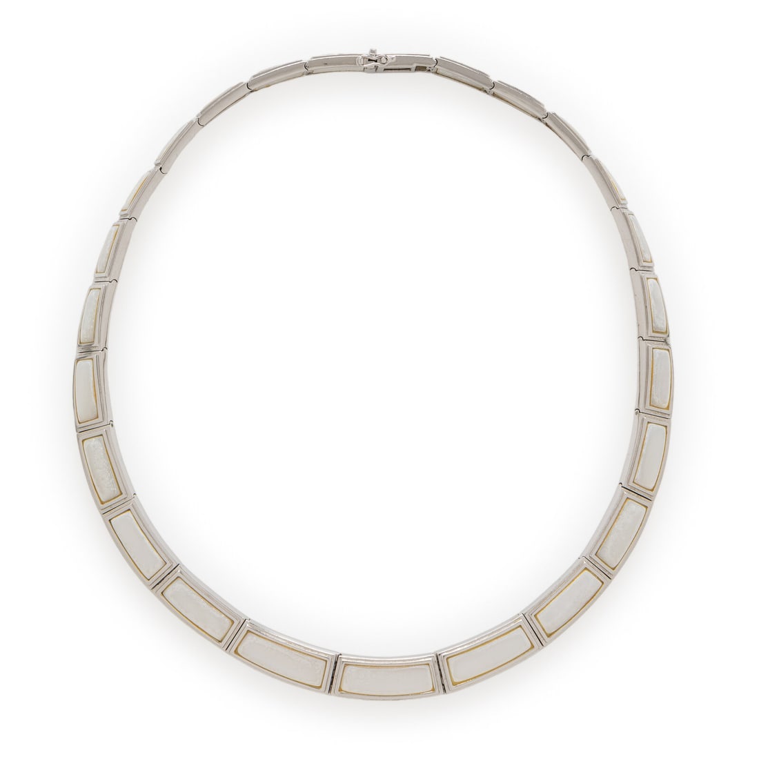 Mauboussin, Mother-of-Pearl and White Gold Necklace: Mauboussin, Mother-of-Pearl and White Gold Necklace Featuring mother-of-pearl plaques measuring approximately 10.65 x 4.90 x 1.70 - 19.50 x 6.65 x 3.65 mm. Mounted in 18 karat white gold. 15 1/4 inche
