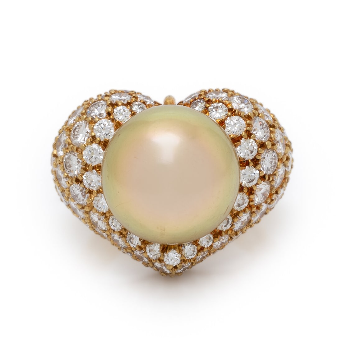 Henry Dunay, Yellow Gold, Diamond, and Cultured Pearl Ring: Henry Dunay, Yellow Gold, Diamond, and Cultured Pearl Ring In a heart-shape design, set with a golden cultured pearl (origin of color not tested) measuring approximately 13.30 mm, surrounded by pavé-