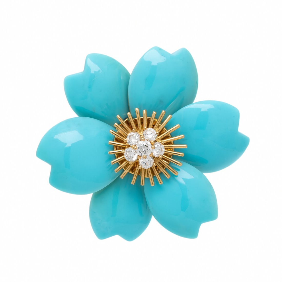 Van Cleef & Arpels, 'Rose de Noël", Turquoise, Diamond, and Yellow Gold Brooch: Van Cleef & Arpels, 'Rose de Noël", Turquoise, Diamond, and Yellow Gold Brooch With carved turquoise petals, the center set with round brilliant cut diamonds weighing approximately 0.50 carat total. 