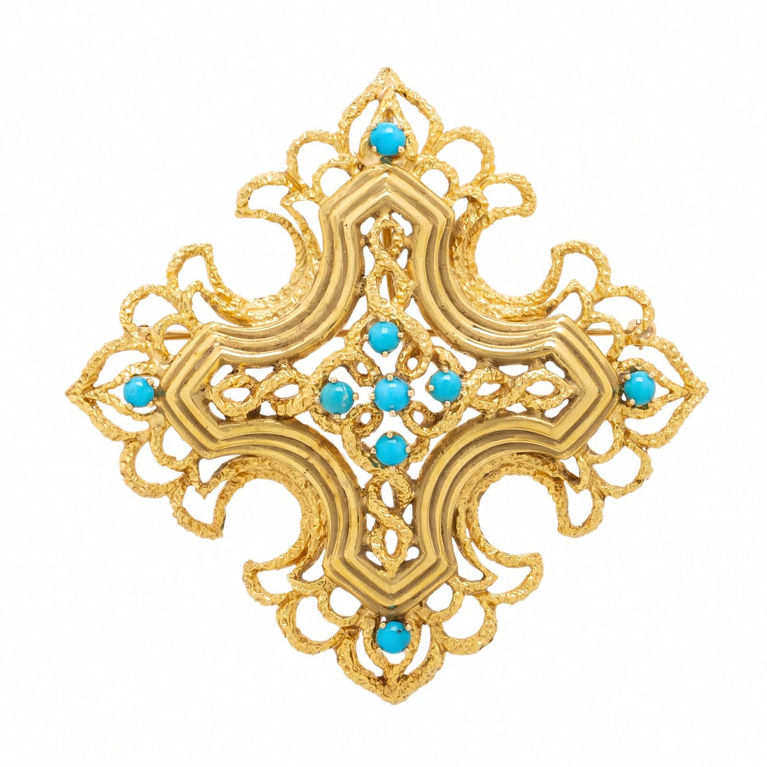 Tiffany & Co., Yellow Gold and Turquoise Cross Pendant Brooch: Tiffany & Co., Yellow Gold and Turquoise Cross Pendant Brooch Designed with round cabochon turquoise and gold textured accents. Mounted in 18 karat yellow gold. 2 3/4 x 2 3/4 inches. Stamp: 18K TIFFAN