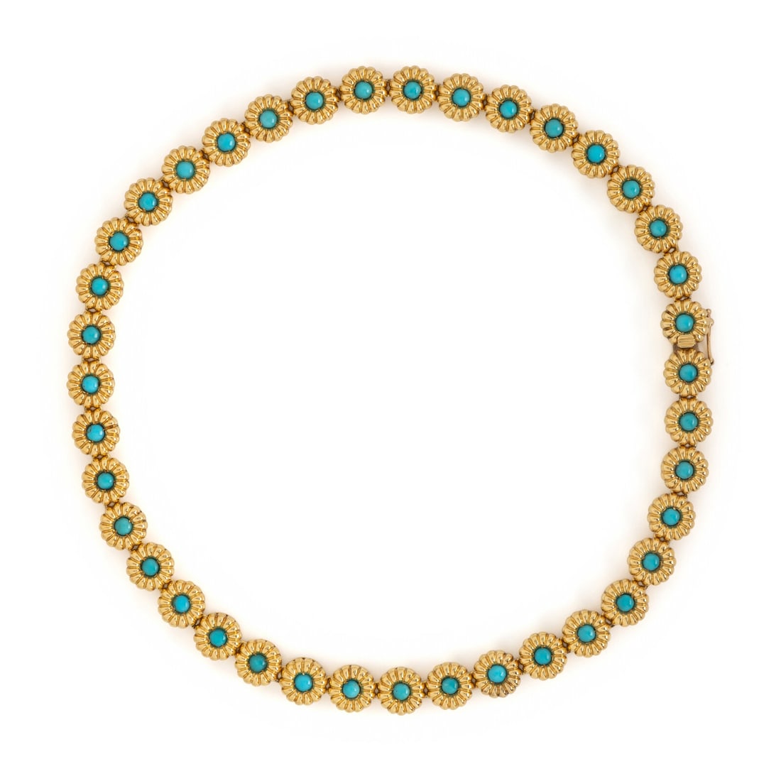 Turquoise and Yellow Gold Necklace: Turquoise and Yellow Gold Necklace Featuring floral motif links, set with round cabochon turquoise measuring approximately 3.40 mm. Mounted in 18 karat yellow gold. 15 inches long. Stamp: CT 18K. Gros