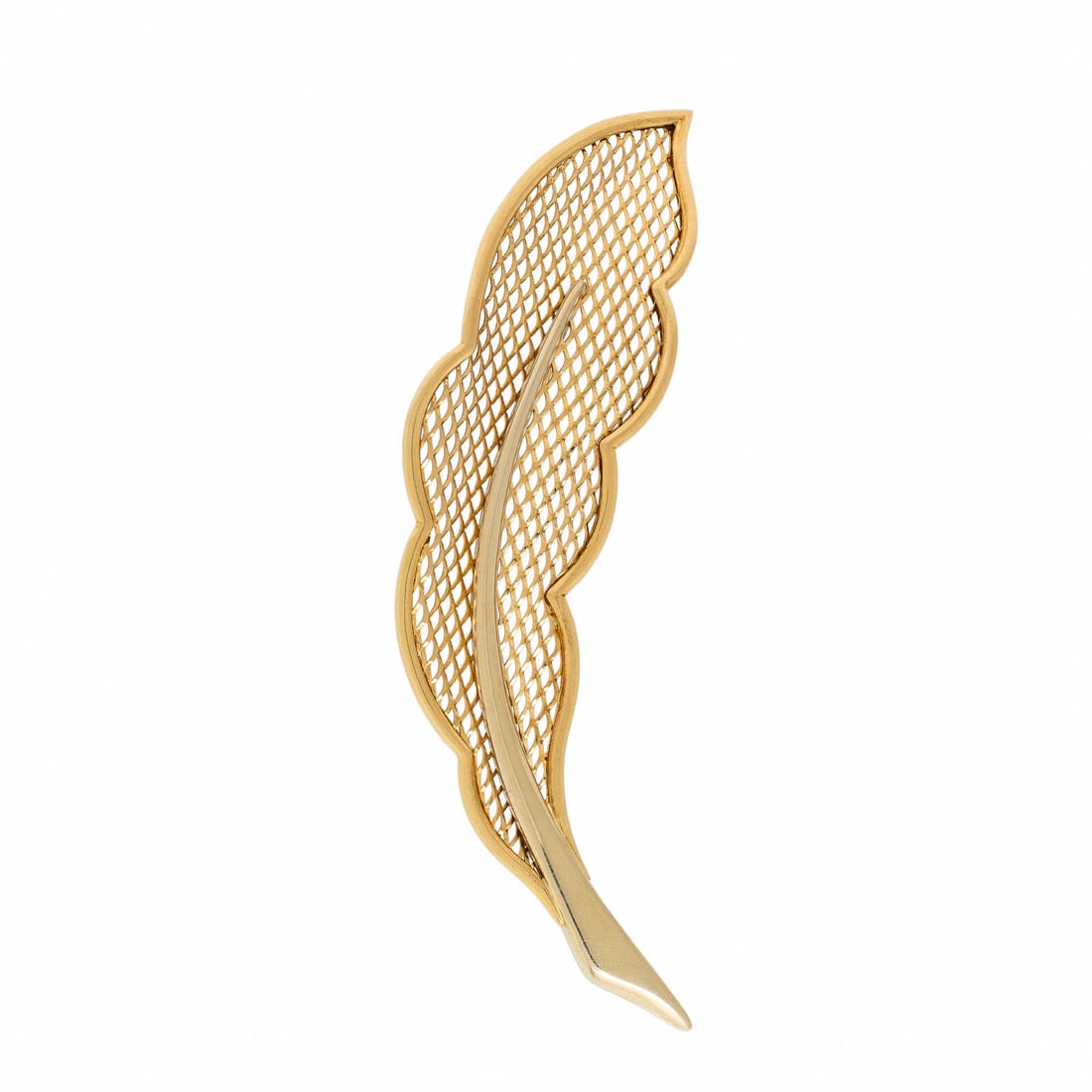 Van Cleef & Arpels, Gay Frères, Yellow Gold Feather Brooch: Van Cleef & Arpels, Gay Frères, Yellow Gold Feather Brooch Designed as a feather, with gold openwork design. 18 karat yellow gold. 3 1/2 x 3/4 inches. Stamp: 18K (Gay Frères export mark) FRANCE VCA 