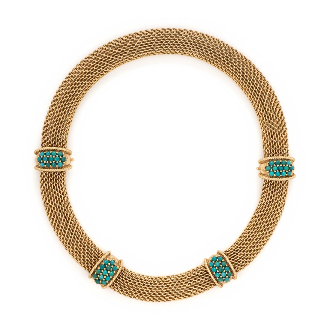 Yellow Gold and Turquoise Convertible Necklace: Yellow Gold and Turquoise Convertible Necklace Featuring round cabochon turquoise, each measuring approximately 2.75 mm set in a tubular mesh chain, to be worn as two bracelets or a necklace. Mounted 