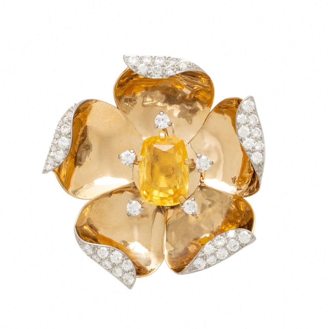 Cartier, Ceylon Yellow Sapphire and Diamond Articulated Flower Brooch (1 of 4)