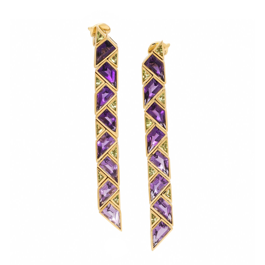 Marina B, Amethyst and Peridot Earrings: Marina B, Amethyst and Peridot Earrings In a geometric pattern, set with buff-top amethyst and triangular peridot. Mounted in 18 karat yellow gold. 3 3/8 inches long. Stamp: Marina B 750 MB 247011 247