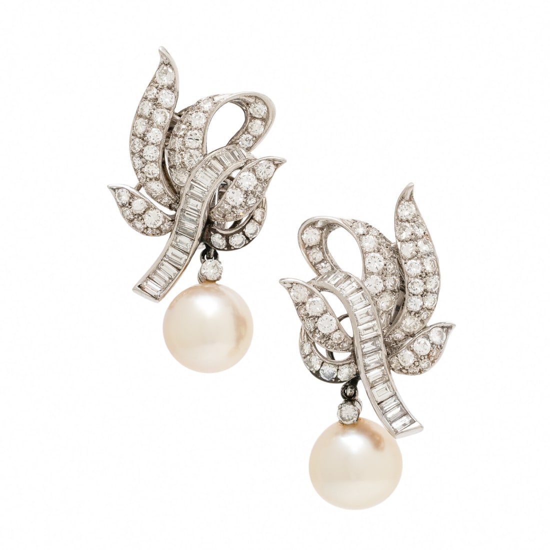 Diamond, Cultured Pearl, and Platinum Earrings: Diamond, Cultured Pearl, and Platinum Earrings Set with round brilliant, single, and baguette cut diamonds weighing approximately 3.10 carats total, and detachable drops with cultured pearls measuring