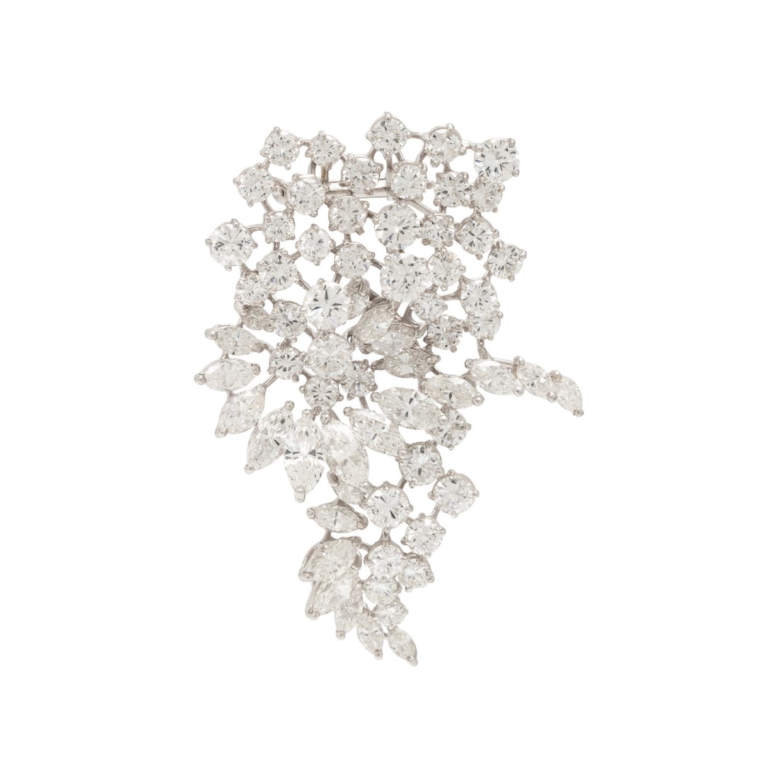 Diamond and Platinum Brooch: Diamond and Platinum Brooch In an openwork design, set with round brilliant and marquise cut diamonds weighing approximately 12.00 - 13.00 carats total. Mounted in platinum. 2 1/4 x 1 1/2 inches. Stam