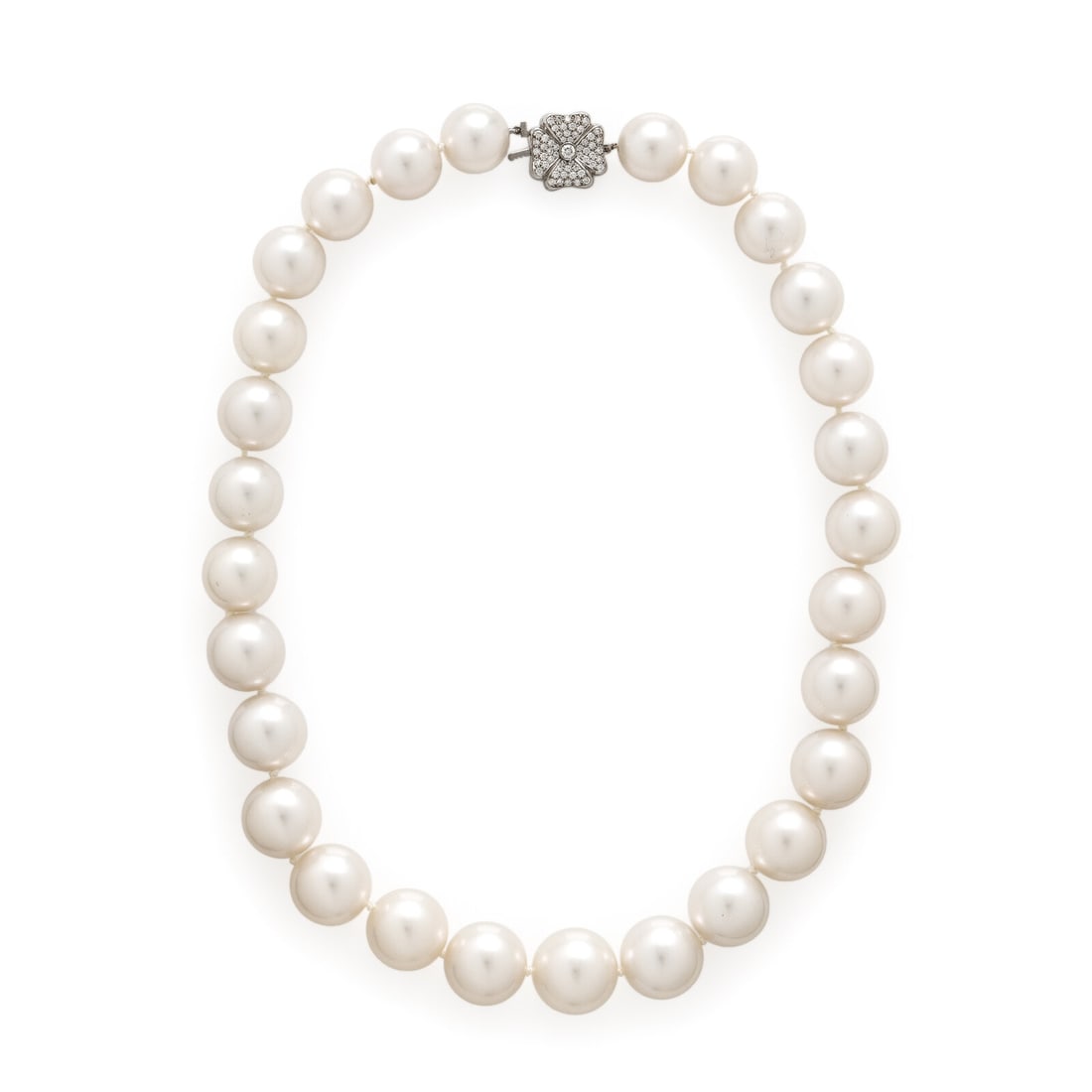 Tiffany & Co., Cultured Pearl and Diamond Necklace: Tiffany & Co., Cultured Pearl and Diamond Necklace A single strand of cultured pearls measuring approximately 12.75 - 15.75 mm, completed by a reversible floral motif clasp set with round brilliant cu