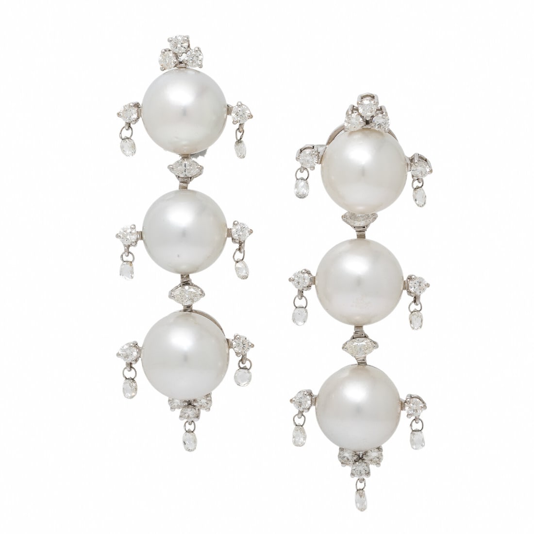 Cultured Pearl, Diamond, and White Gold Earrings: Cultured Pearl, Diamond, and White Gold Earrings Set with cultured pearls measuring approximately 12.20 - 12.40 mm, accented by round brilliant, marquise, and briolette cut diamonds weighing approxima