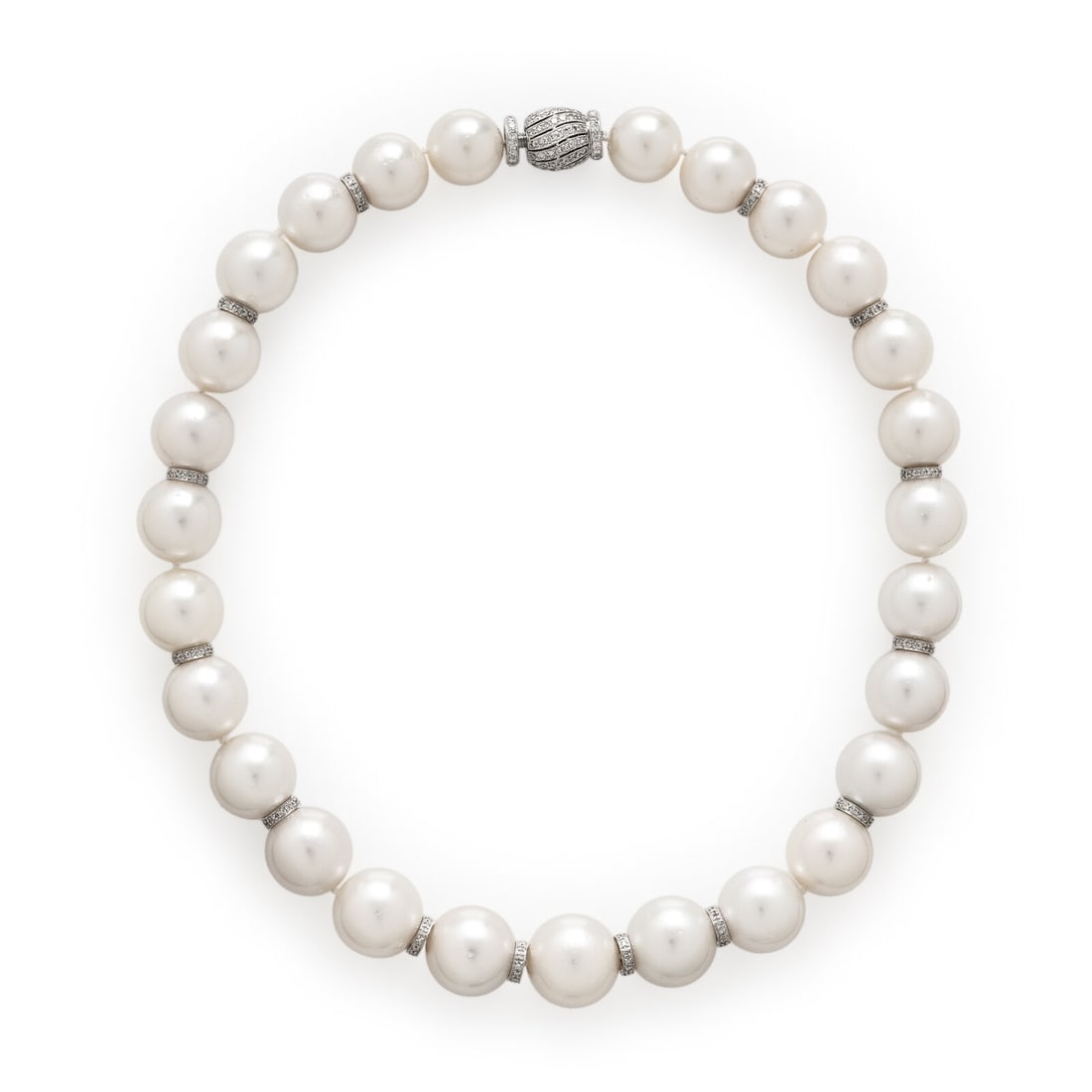 Cultured Pearl, Diamond, and White Gold Necklace: Cultured Pearl, Diamond, and White Gold Necklace A single strand of cultured pearls measuring approximately 13.80 - 17.00 mm, the clasp and rondelles set with round brilliant cut diamonds weighing app