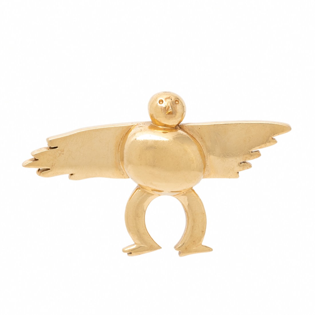 Cartier, Yellow Gold Winged Figure Brooch: Cartier, Yellow Gold Winged Figure Brooch Designed as an abstract winged figure. 14 karat yellow gold. 2 x 1 1/4 inches. Engraved: CARTIER HYA0225B. Stamp: 14K. Gross weight: 19.40 dwt. Property from 