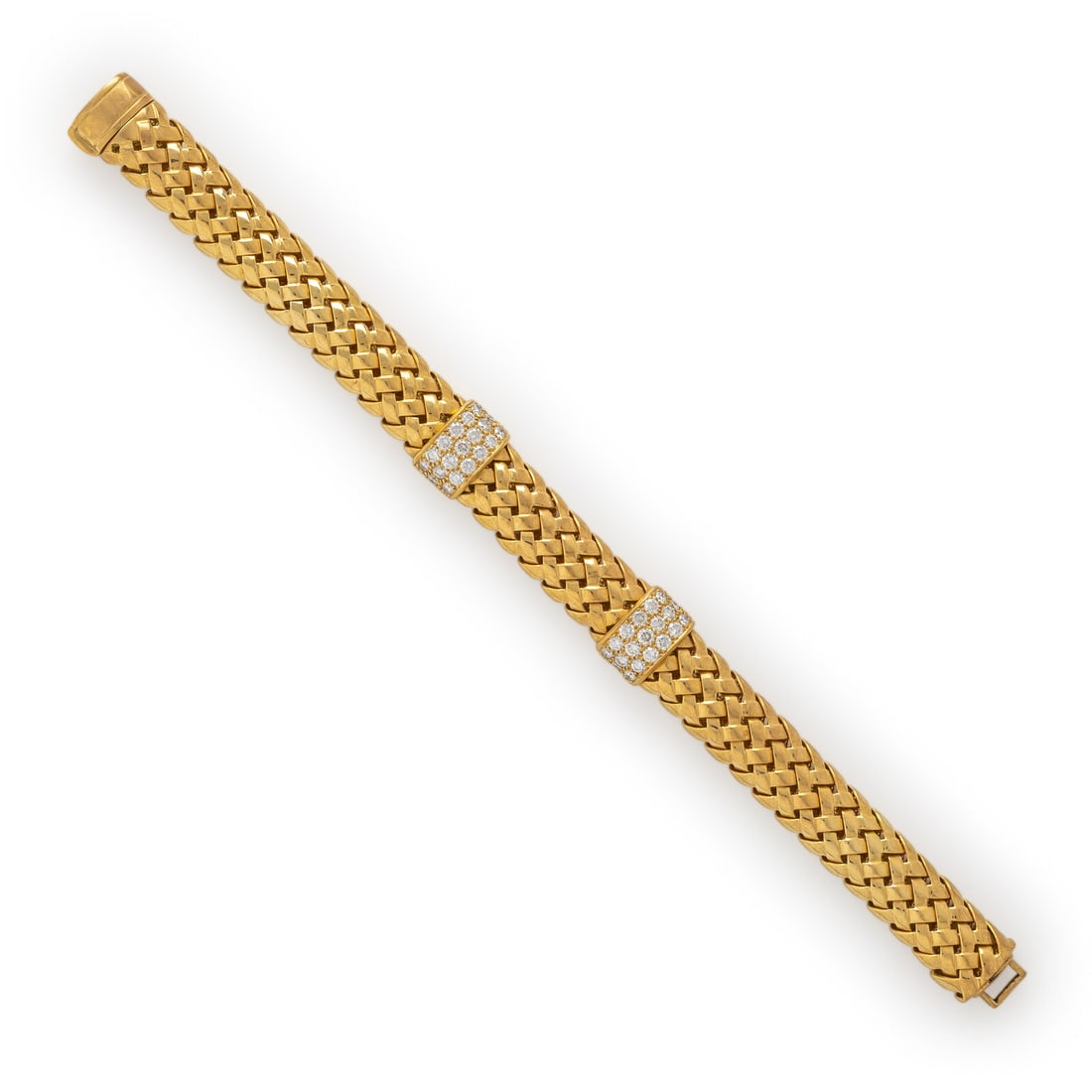 Tiffany & Co., 'Vannerie', Yellow Gold and Diamond Bracelet: Tiffany & Co., 'Vannerie', Yellow Gold and Diamond Bracelet In a woven design, set with round brilliant cut diamonds weighing approximately 1.70 carats total. Mounted in 18 karat yellow gold. 7 inches