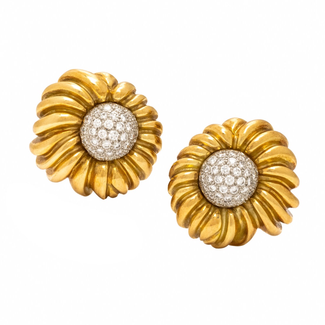 Tiffany & Co., Diamond and Yellow Gold Flower Earrings: Tiffany & Co., Diamond and Yellow Gold Flower Earrings Designed as flowers, pavé-set with round brilliant cut diamonds weighing approximately 1.35 carats total. Mounted in yellow gold and platinum. 1