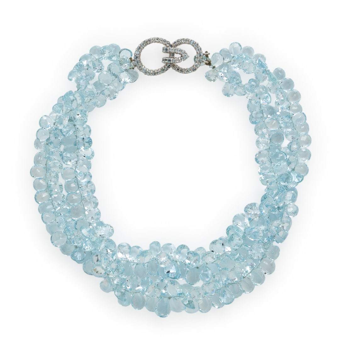 Mish, Aquamarine and White Gold Necklace: Mish, Aquamarine and White Gold Necklace Strung with two strands of pear shape aquamarine beads measuring approximately 8.50 x 6.50 x 4.00 - 9.20 x 6.90 x 4.20 mm, finished with a clasp set with round