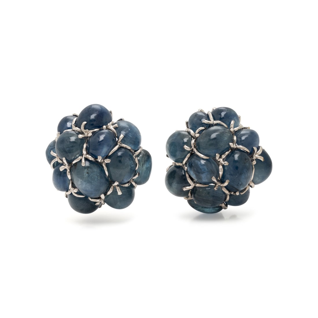 Seaman Schepps, 'Bubble,' Sapphire and White Gold Earrings: Seaman Schepps, 'Bubble,' Sapphire and White Gold Earrings In a domed cluster design, with oval cabochon sapphires measuring approximately 8.30 x 5.80 x 4.25 - 11.10 x 8.20 x 7.20 mm, set in a